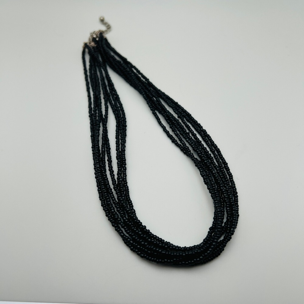 Multi Strand Black Seed Bead Necklace Adjustable Silver Tone Lobster Clasp Boho‎